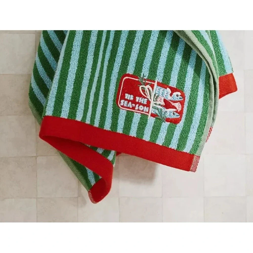 Anthropologie 'Tis The Season Green Hand Towel Holiday‎ Icon Striped 100% Cotton